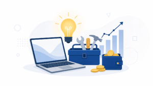 Ilustração vetorial minimalista com laptop, lâmpada, caixa de ferramentas, gráfico simples e carteira em fundo claro, representando o uso de inteligência artificial para criar oportunidades de renda online para iniciantes.