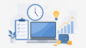 Ilustração vetorial minimalista com relógio, checklist, laptop, carteira e elemento de progresso em fundo claro, representando organização da rotina para empreender e ganhar dinheiro extra após o trabalho.