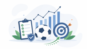 Ilustração vetorial minimalista com bola de futebol, gráfico de análise, checklist, alvo e seta de tendência em fundo claro, representando a avaliação rápida de uma partida antes do início para trading esportivo.