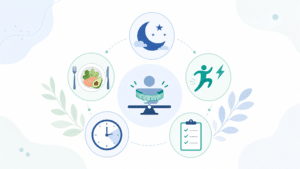 Ilustração vetorial minimalista com lua, prato, símbolo de energia, relógio e checklist sobre fundo claro, representando como o sono ruim afeta fome, energia e rotina e como corrigir esses hábitos.