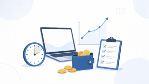 Ilustração vetorial minimalista com relógio, laptop, carteira, moedas genéricas, checklist e gráfico simples em fundo claro, representando a organização de uma segunda fonte de renda com poucas horas disponíveis por semana.
