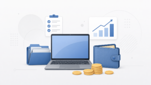 Ilustração vetorial minimalista com laptop, carteira, moedas genéricas, checklist e gráfico simples em fundo claro, representando a organização das finanças ao começar a ganhar dinheiro online.