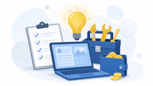Ilustração vetorial minimalista com laptop, caixa de ferramentas, checklist, lâmpada e carteira com moedas genéricas em fundo claro, representando o início da atividade como freelancer e a oferta de serviços online sem experiência prévia.