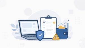 Ilustração vetorial minimalista com laptop, checklist, escudo, alerta discreto e elementos de renda online em fundo claro, representando erros comuns de quem tenta ganhar dinheiro na internet.