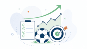 Ilustração vetorial minimalista com bola de futebol, checklist, gráfico de linha, alvo e seta de tendência sobre fundo claro, representando uma rotina diária organizada para análise de jogos no trading esportivo.