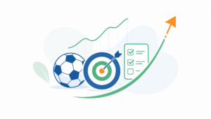 Ilustração vetorial minimalista com bola de futebol, gráfico de linha, alvo, checklist e seta de tendência sobre fundo claro, representando a análise das estatísticas mais relevantes antes de operar no trading esportivo.