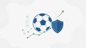 Ilustração vetorial minimalista com bola de futebol, gráfico de linha, escudo de gestão de risco, checklist e seta de tendência sobre fundo claro, representando o planejamento necessário para iniciar no trading esportivo com responsabilidade.