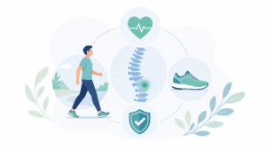 Ilustração vetorial minimalista com figura caminhando, coluna estilizada, tênis, coração e escudo sobre fundo claro, representando a caminhada como atividade de baixo impacto para pessoas com hérnia de disco.