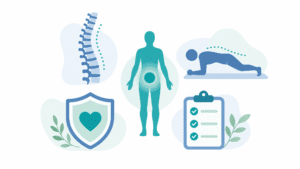 Ilustração vetorial minimalista com silhueta destacando o core, coluna estilizada, exercício de ponte, escudo com coração e checklist sobre fundo claro, representando exercícios simples e seguros para fortalecer o core e melhorar a estabilidade da coluna.