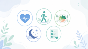 Ilustração vetorial minimalista com ícones de coração, caminhada, alimentação saudável, sono e checklist sobre fundo claro, representando hábitos que contribuem para manter a saúde depois dos 40 anos.